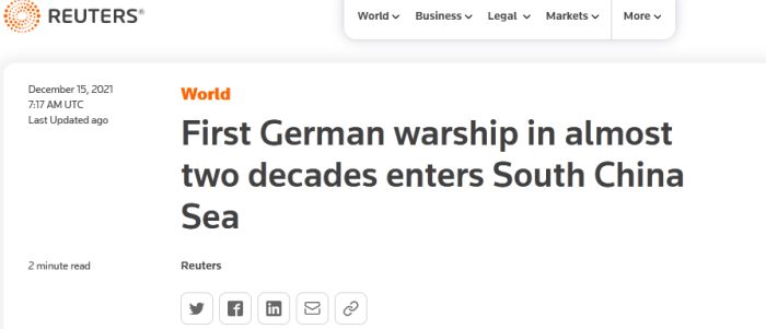 外媒：德护卫舰驶入南海　为近20年来首次